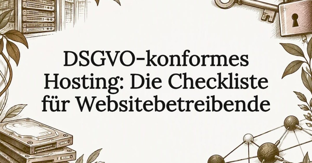 Handgezeichnete Illustration mit Serverschrank, Festplatten, Schlüssel, Vorhängeschloss und Netzwerkknoten rund um den Titel «DSGVO-konformes Hosting»