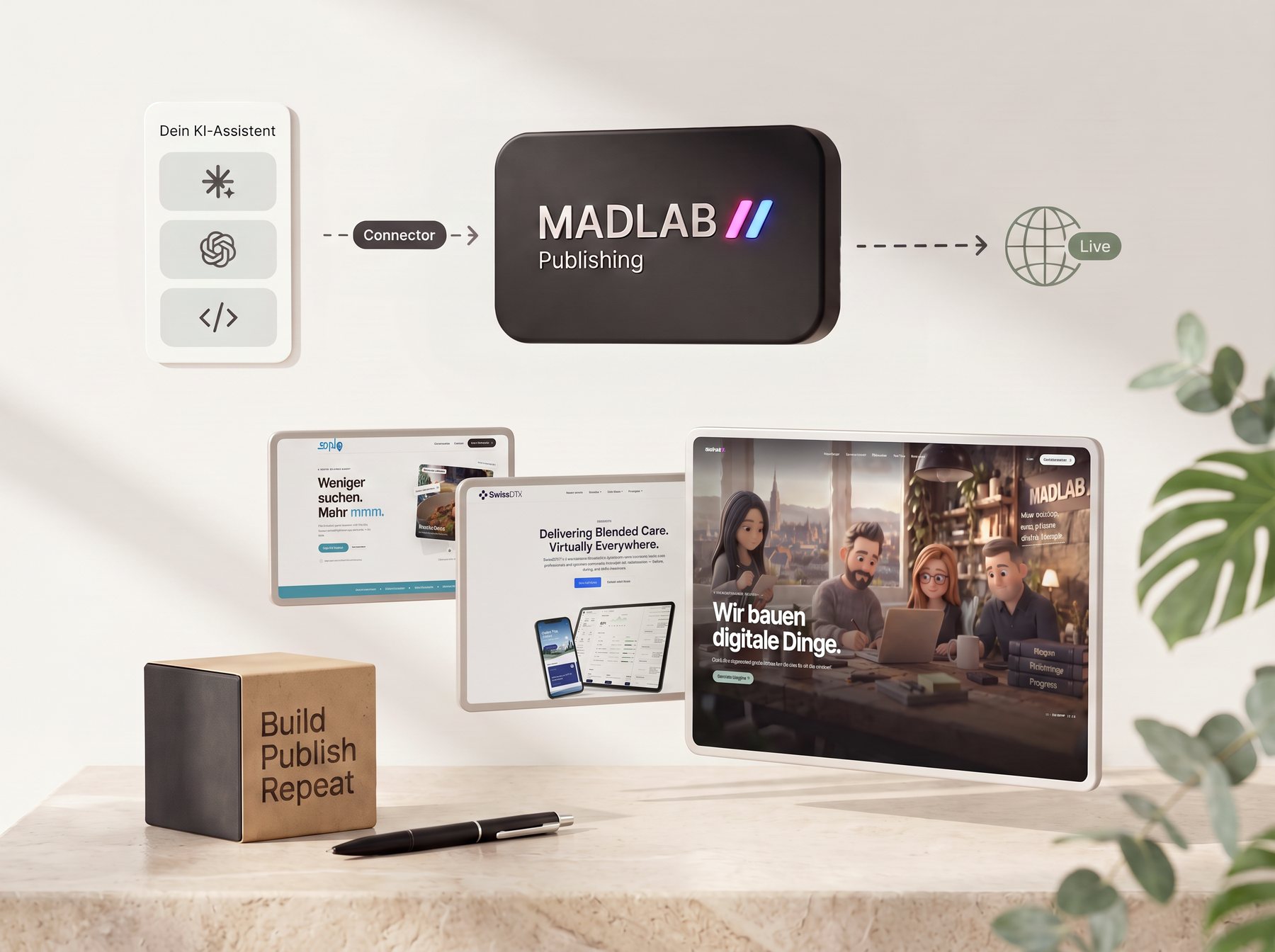 Dein KI-Assistent verbindet sich über den Connector mit MADLAB Publishing – deine Websites gehen live
