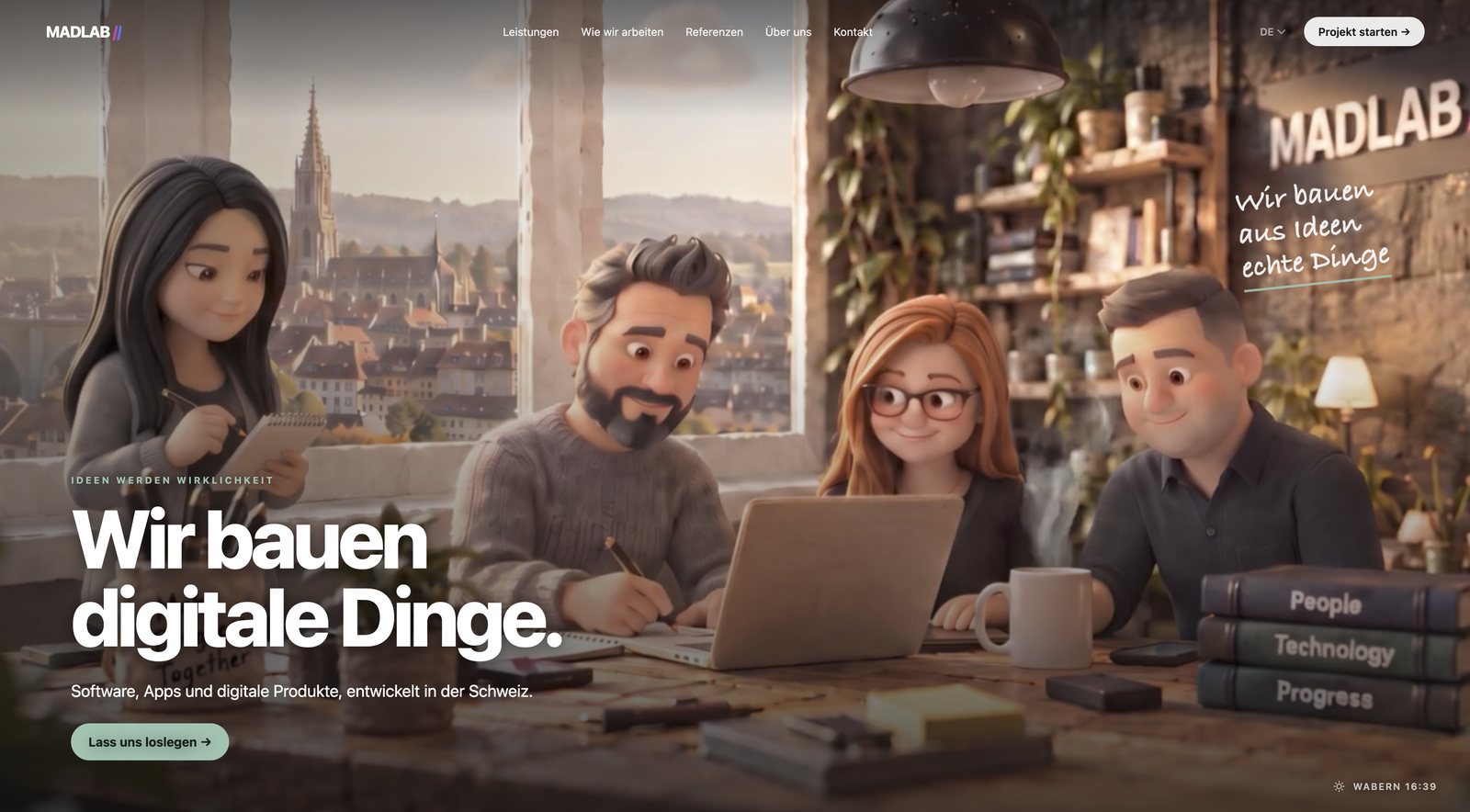 Die Startseite von madlab.ch mit der Stop-Motion-Szene aus dem Büro in Wabern