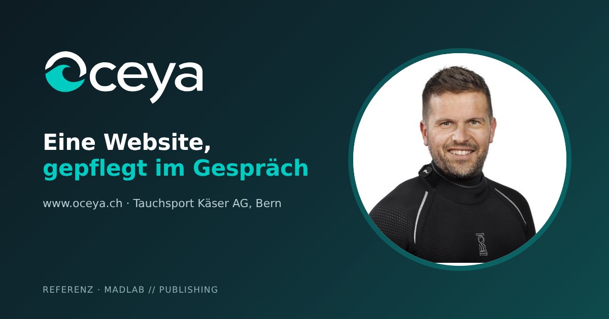 Das Logo von Oceya neben einem Porträt von Daniel Schmid, Inhaber von Tauchsport Käser