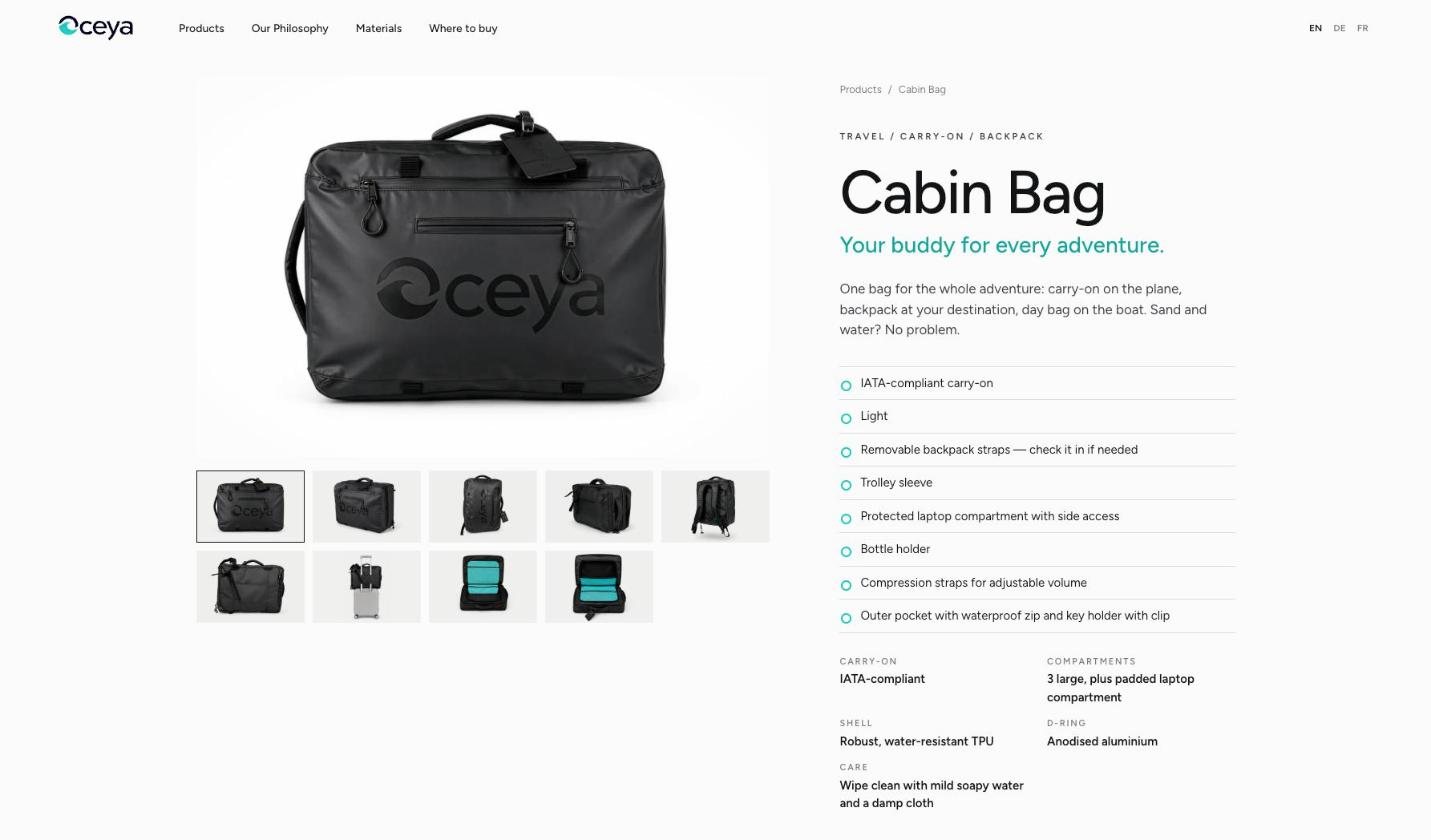 Page produit du Cabin Bag avec galerie d’images, caractéristiques et données techniques