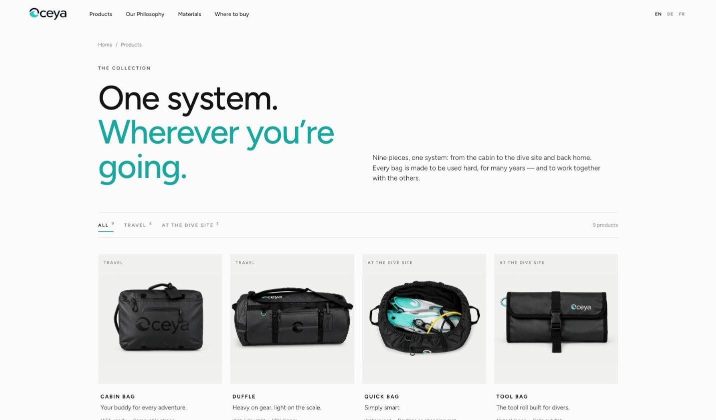 Vue d’ensemble des produits d’oceya.ch : neuf sacs, filtrés par voyage et site de plongée