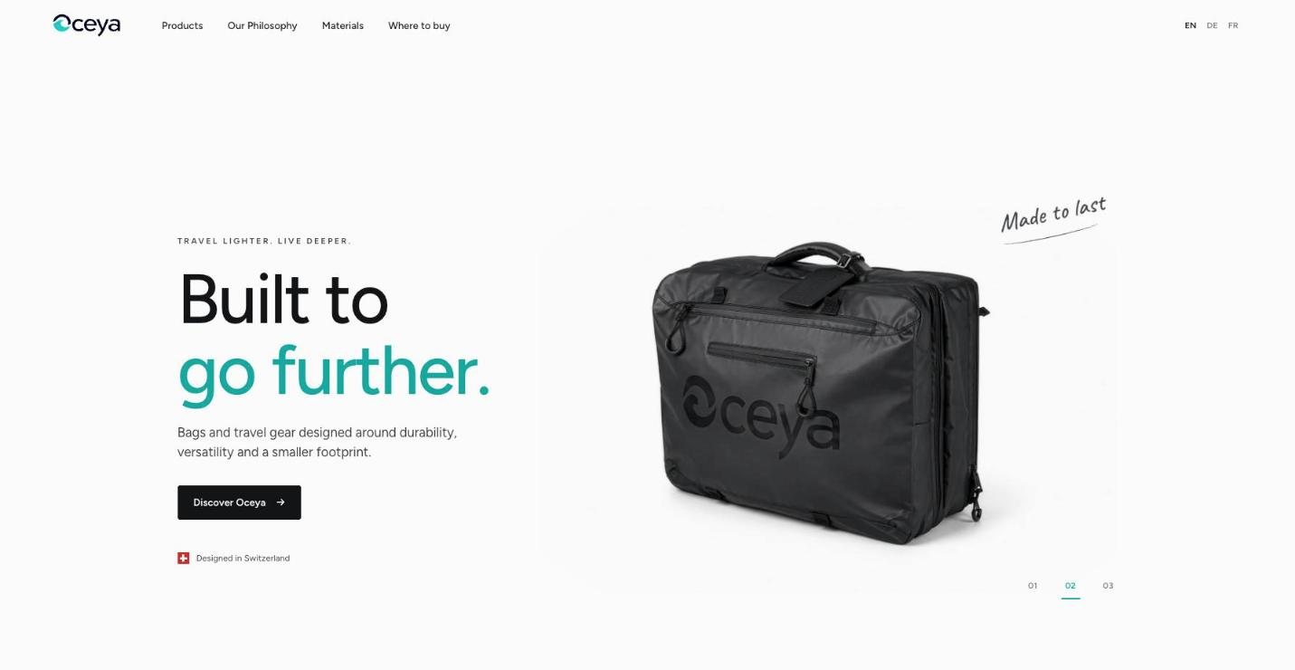 Page d’accueil d’oceya.ch avec le Cabin Bag et le slogan « Built to go further. »