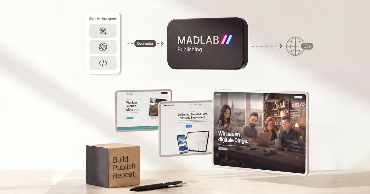 Die ganze Kette auf einen Blick: KI-Assistent, Connector zu MADLAB // Publishing und drei fertige Websites